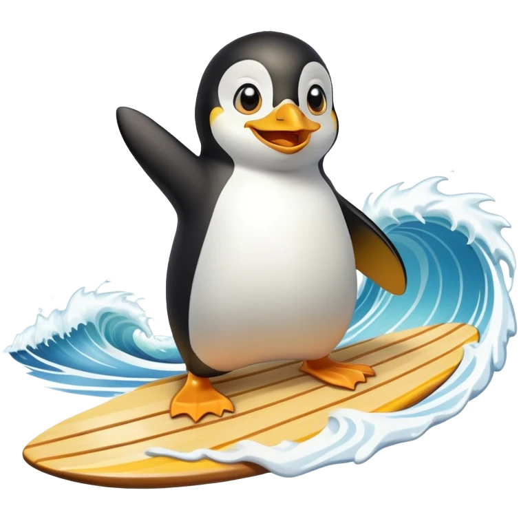A cartoon penguin with yellow eyebrows surfing on a wooden board inside a wave. The penguin is smiling, wearing a seashell necklace, and has a playful, energetic expression. emoji