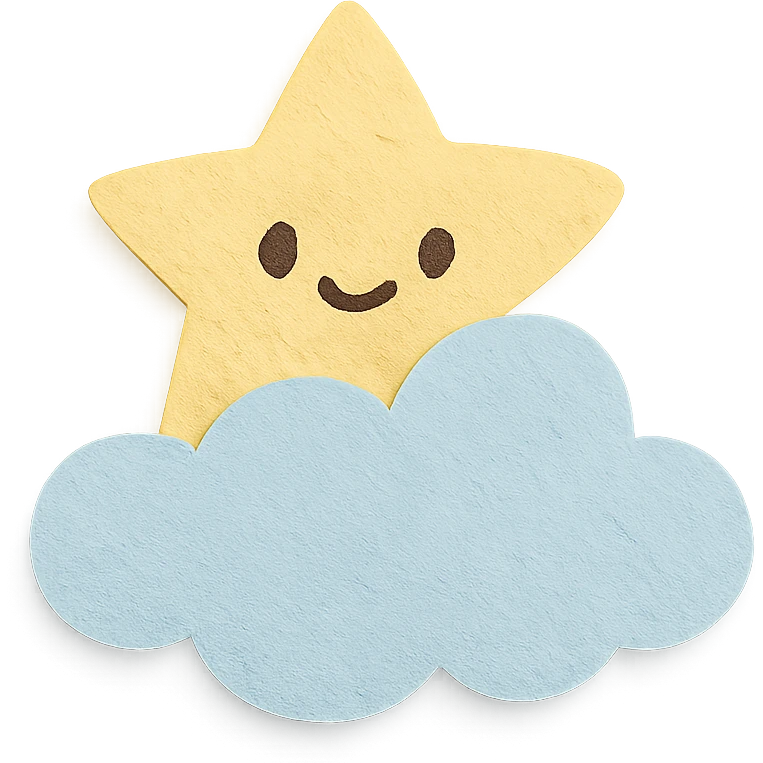 cute soft yellow star peeking from behind a fluffy cloud, no limbs, full body, soft pastel colors, paper craft style emoji
