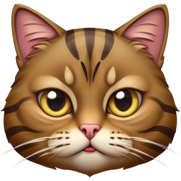 Cinematic Grumpy Brown Tabby Cat Portrait Emoji, Head tilted slightly with a deeply unimpressed expression, thick brown fur with dark, pronounced tabby stripes and a furrowed brow, large eyes narrowed into an unamused glare, whiskers slightly drooping in exasperation, Simplified yet comically expressive features, highly detailed, glowing with a dry, sarcastic glow, high shine, effortlessly judgmental yet dignified, stylized with a touch of cynicism, bright but brooding, soft glowing outline, capturing the essence of an eternally unimpressed yet endearing feline, so lifelike it feels like it could sigh heavily at you in disdain at any moment! emoji