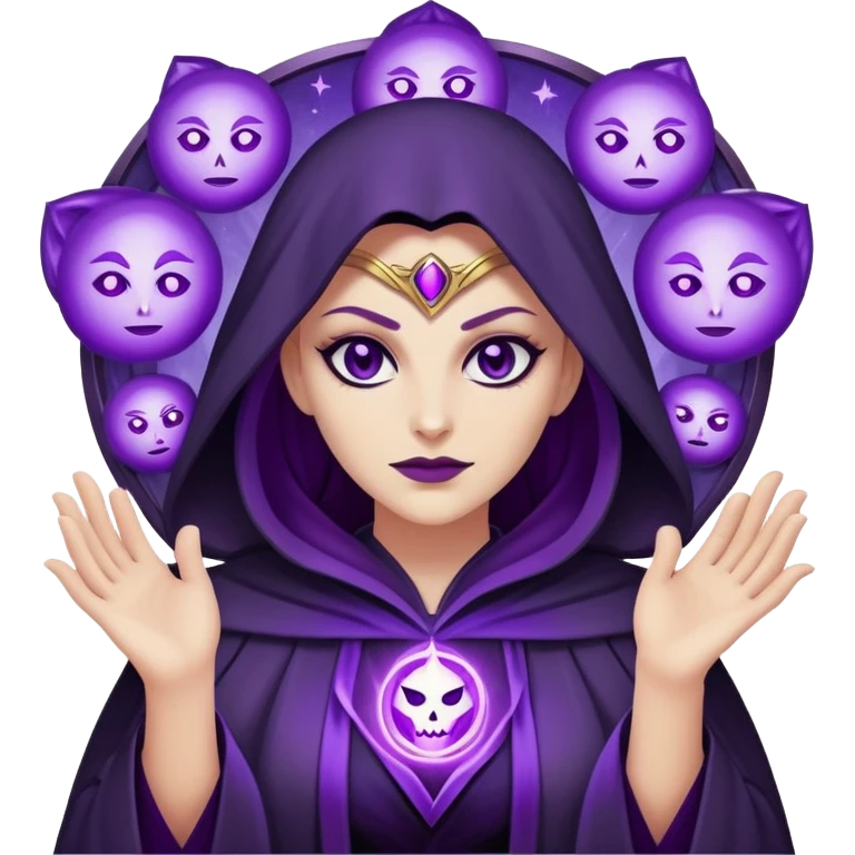 Emoji-style illustration of DC Comics’ Hecate with three faces, glowing eyes, dark magical robes, and purple mystical energy surrounding her.” emoji