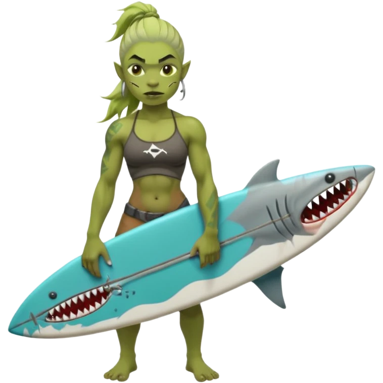 orc female holds a little surfboard with a shark painted vertically in his hands emoji