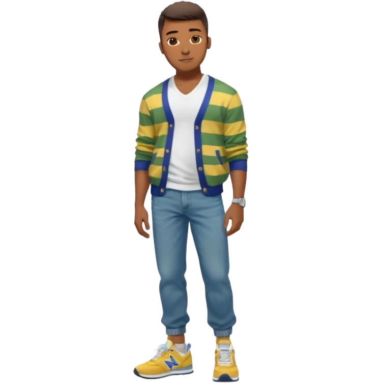 Handsome Black guy with brown skin tone, with lean muscular build, wearing baggy blue jeans, a white v-neck t-shirt, a yellow and green striped cardigan sweater, and grey new balance sneakers  emoji