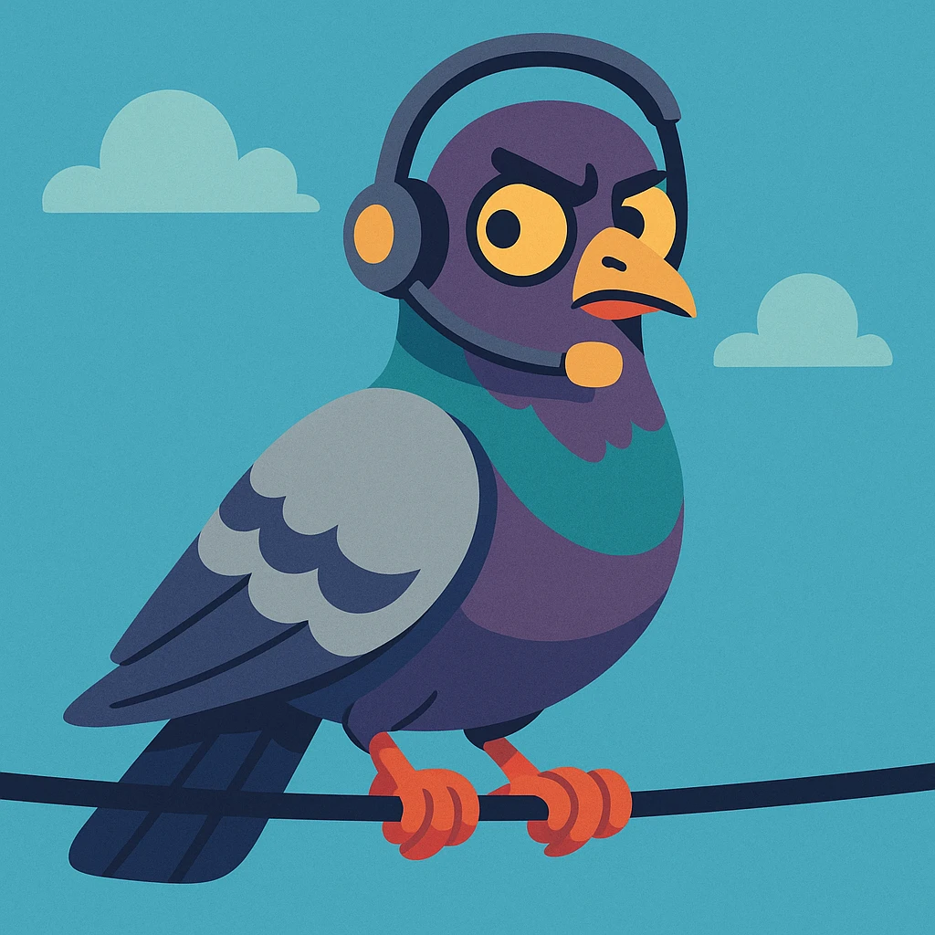 a pigeon perched on a wire, with a headset and earpiece, looking around suspiciously, vibrant toon style emoji