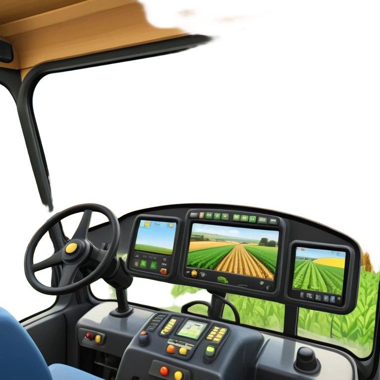 a view from the tractor cabin, with the dashboard in focus, overlooking a vibrant rural landscape. Inspired by Farming Simulator 22, the scene includes fields, crops, and distant barns under a bright sky. The design highlights the immersive experience of farm management. transparent background emoji