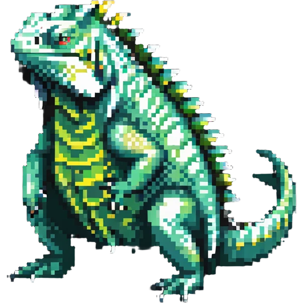 Pixelated iguana with green scales and spikes emoji