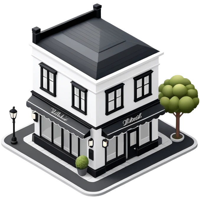 Isometric exterior little black and white upscale restaurant dollhouse style 3D realistic  emoji