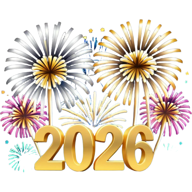 "Happy New Year 2026" in backdrop of colourful fireworks in 3d outline emoji