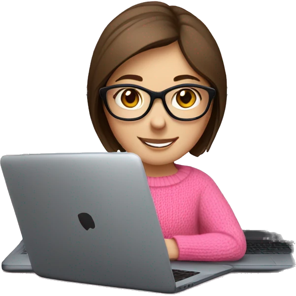 Russian smile Girl with straight brown hair and black glasses frame and in pink sweater working behind laptop emoji
