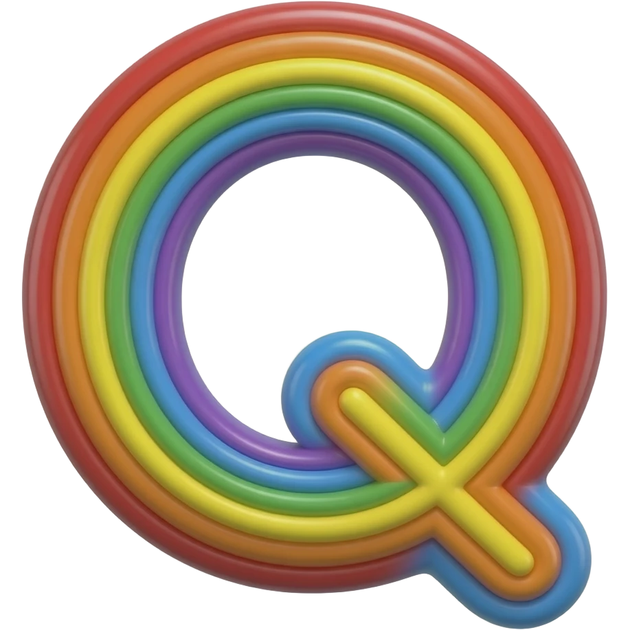name "Q" in blue pink orange 3D style typography lettering, each color of the rainbow as a border outlined around each letter, isolated, 3d rendering, no emoji icons no emoji faces and must have no human figures emoji