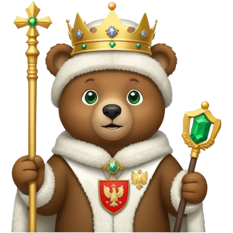 Adorable brown bear with green eyes, white ushanka hat featuring very clear and accurate Russian Federation double-headed eagle coat of arms with crowns and scepter, iOS emoji style emoji