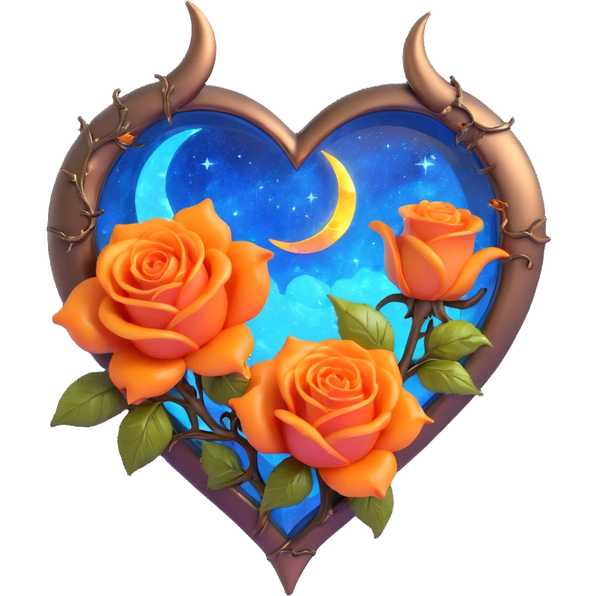 gothic heart made of bronze glass, silver crescent moon, glowing orange roses, holographic stardust, neon yellow lightning, wet and cracked glass emoji