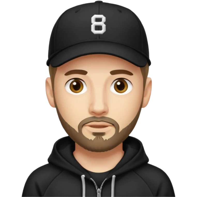 Hombre de ojos claros, con barba fina y perilla, gorra negra de baseball bordada con un 8, y sudadera negra emoji