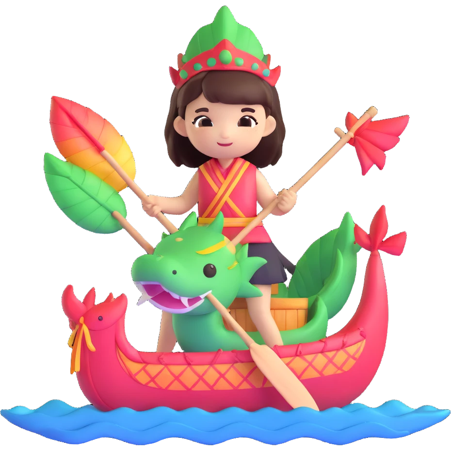 A chibi girl dressed as a dragon boat drummer, holding soft pastel drumsticks, standing in a fluffy dragon boat, colorful festival ribbons flying, sparkles and cute mini fish swimming below, soft pastel colors, watercolor texture, transparent background emoji