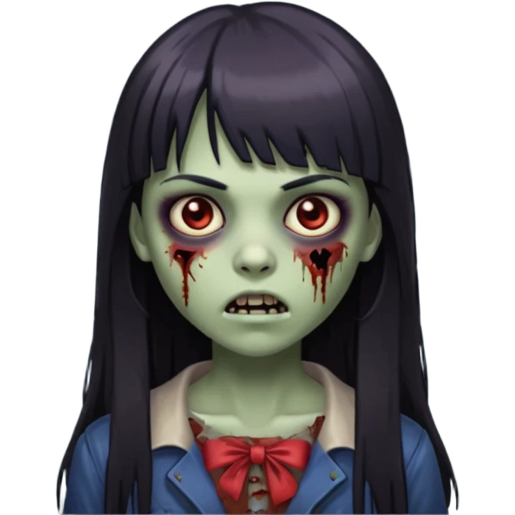 Emoji de guria zombie com cabelo longo, escuro e liso com franja, olhos escuros e boca pequena. emoji