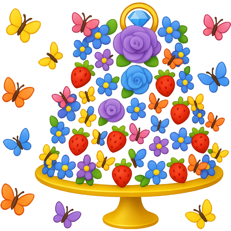 Add small colorful butterflies to the white wedding cake with strawberries, blue and purple flowers, gold ring topper. Style: emoji style. Remove background. emoji