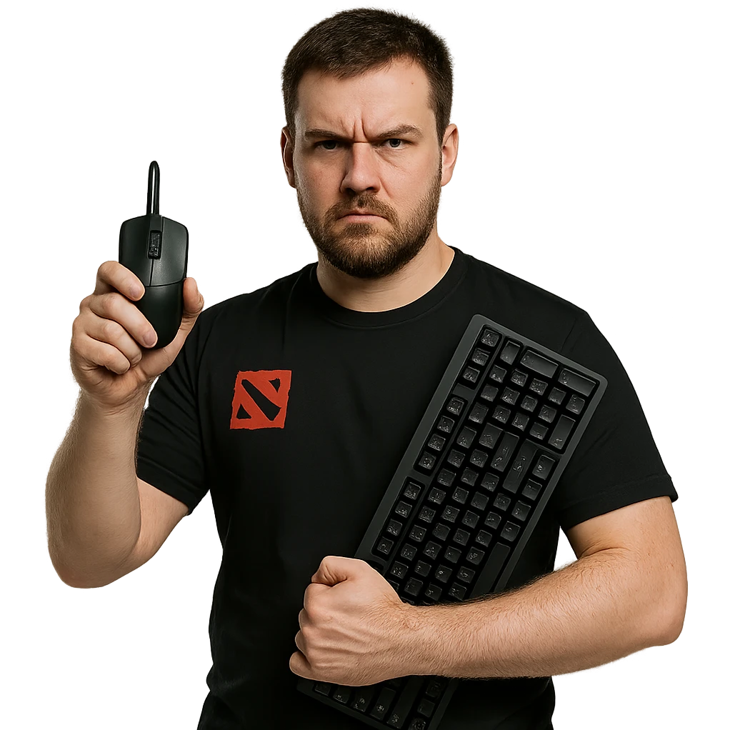 A tough-looking Dota 2 player with a serious expression, holding a mouse and keyboard emoji