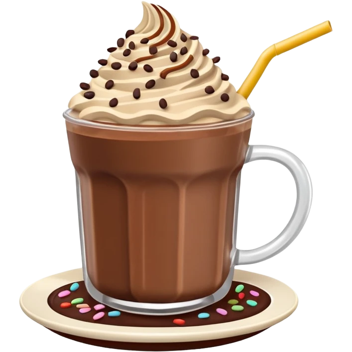 Chocolate mocha frappe latte chai latte drink dessert pudding with a straw and yummy chocolate sprinkles and a chocolate bar plate dipped into it with white cream emoji