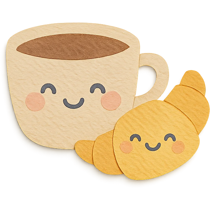 coffee cup with croissant character, smiling faces, soft pastel hand-drawn style, transparent background emoji