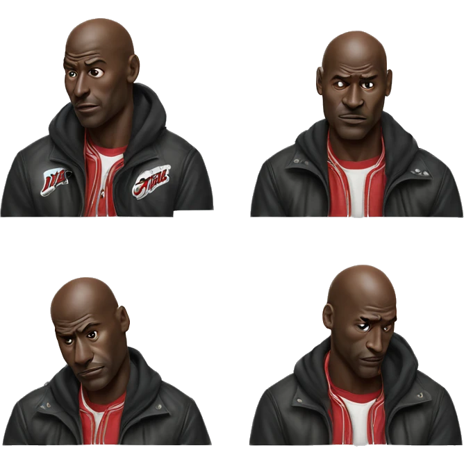 Michael Jordan in a jacket holds his head and is sad photorealistic serious emoji