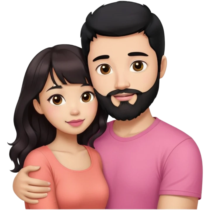 handsome light skin asian man with black hair and beard, hugging cute woman with light tan skin, big black eyes, long wavy reddish brown hair, bangs, pink top, coral lipstick emoji