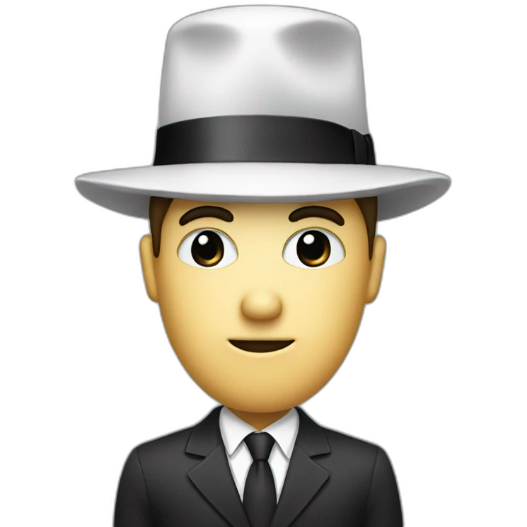 A man with a business suit and a white round head whith black round eyes and a black nose and a cone hat emoji