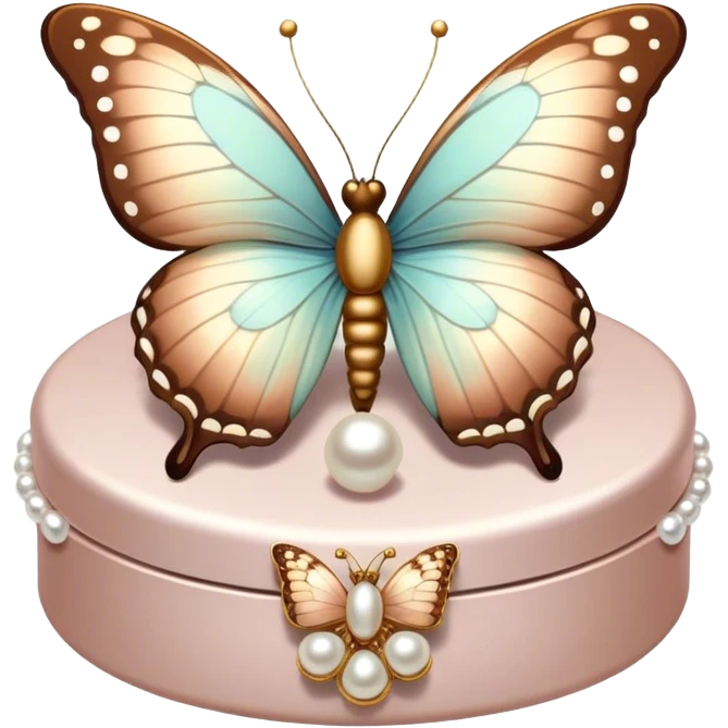A pastel brown and mocha-colored butterfly resting on a pearl-adorned trinket box.
 emoji