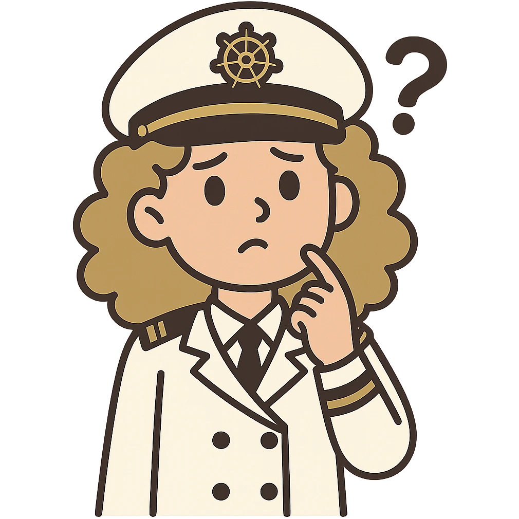 flat toon style girl with curly dirty blonde hair, cruise captain, questioning look emoji