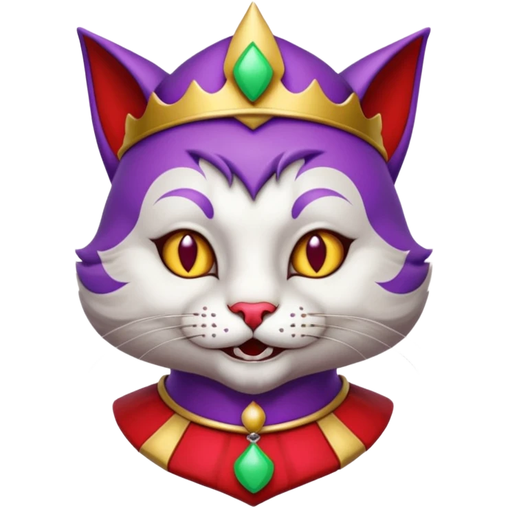 crazy colorful cute little cat jolly joker from poker, medieval, vintage, court jester, mac os icon, purple and red color, chromed inserts, half body emoji