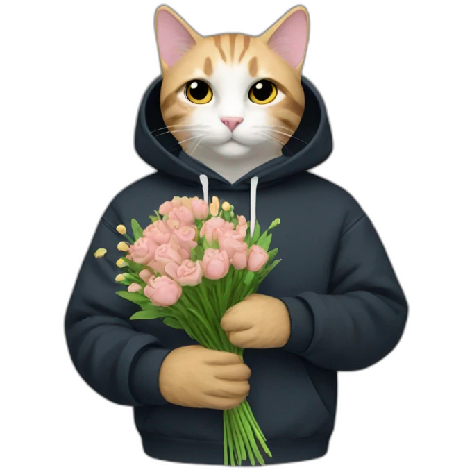 Cat in blach sweatshirt adidas holding bouquet of flowers emoji