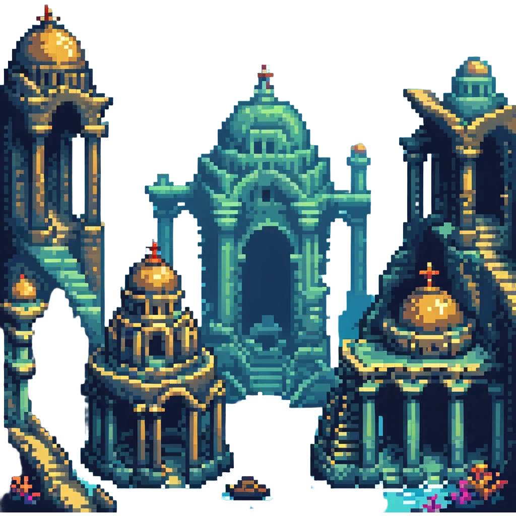 Atlantis, ancient underwater city with ruins and domes in pixel art style emoji