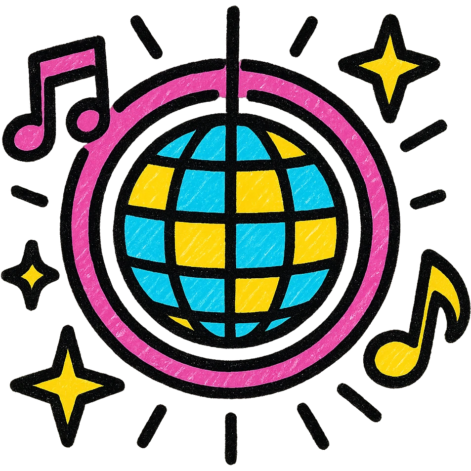 disco ball surrounded by pink lights and music symbols, capturing the glamorous and fun vibe of Eurovision emoji