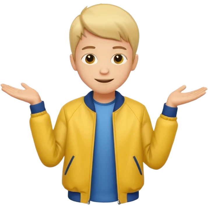 boy with good hair cut shrugging his shoulder, wearing yellow jacket and smile emoji