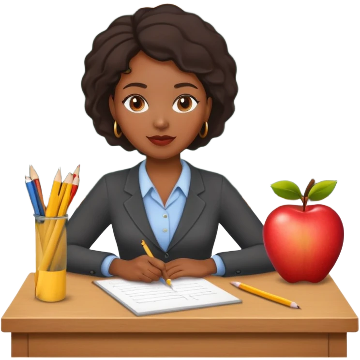 Black female teacher at desk with one apple and one pencil chalkboard in back  emoji