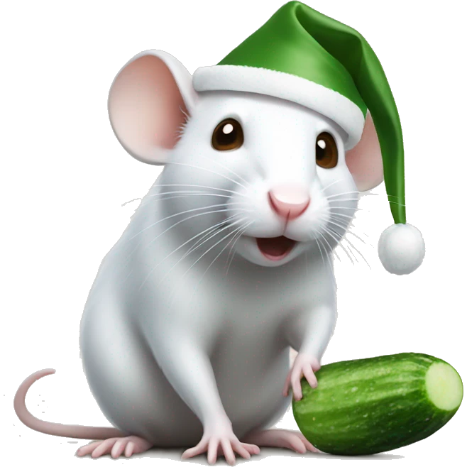 White rat with brown eyes eating a cucumber in a santa hat emoji