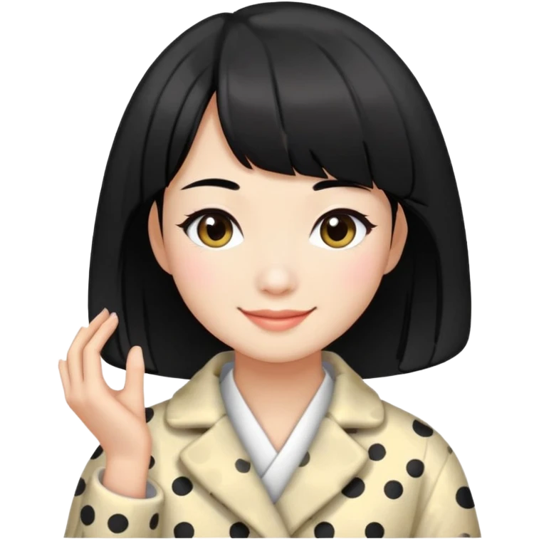 girl with black bob-cut hair, dotted coat, Chinese appearance, smiling, masseuse look emoji