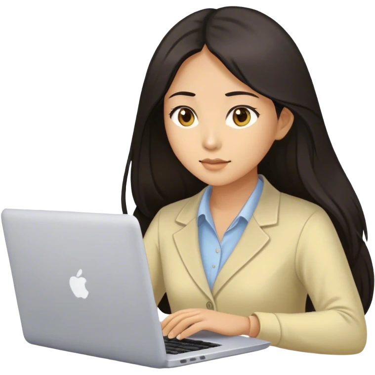 Long hair asian woman working on pale yellow laptop with brown eyes in meeting  emoji
