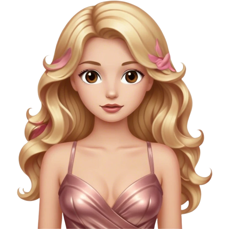 blonde model, brown eyes, long wavy hair, glamorous metallic rose gold gown emoji