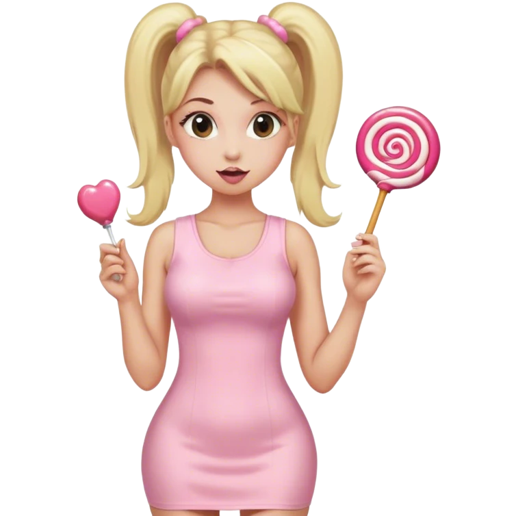 Beautiful woman with long blonde ponytails wearing light pink bodycon dress holding a lollipop emoji