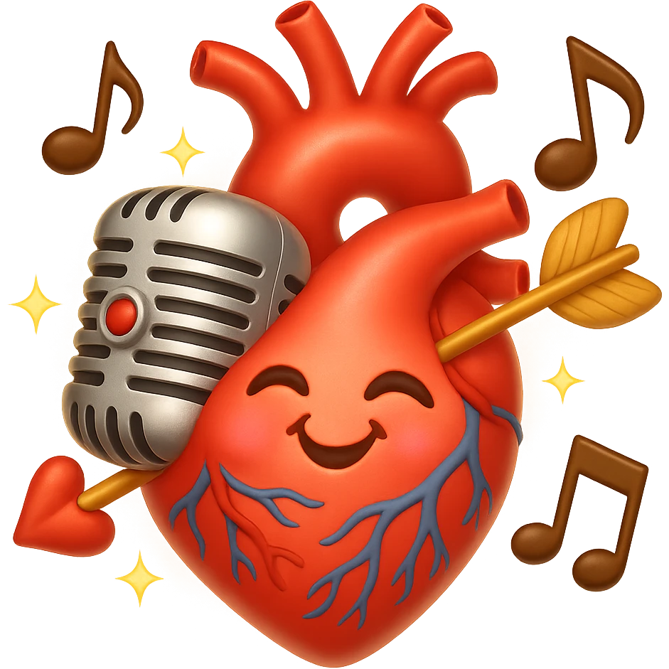 Make the anatomical heart and retro microphone fused together, music notes accenting the design, even more romantic in emoji style. Add cupid arrows, soft blush, and a gentle glow. No background. emoji