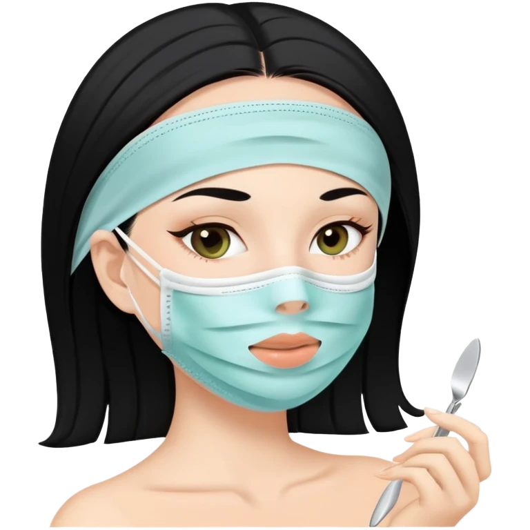 white girl with black hair doing self care, face mask, relaxing emoji