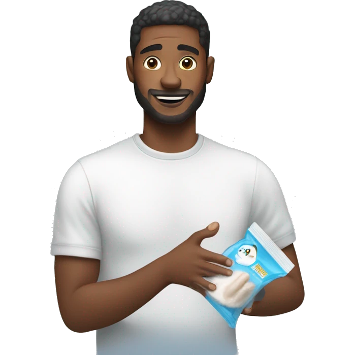 man holding clear ziploc bag with baby powder emoji