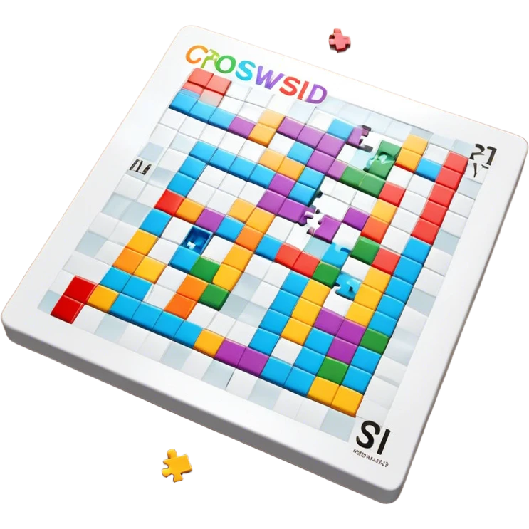 A photorealistic icon with a colorful, fragmented crossword magazine, a 3D puzzle, and a partially completed puzzle on a table. Bright, detailed design with realistic lighting. Transparent background, clearly symbolizing puzzles and brain games. emoji