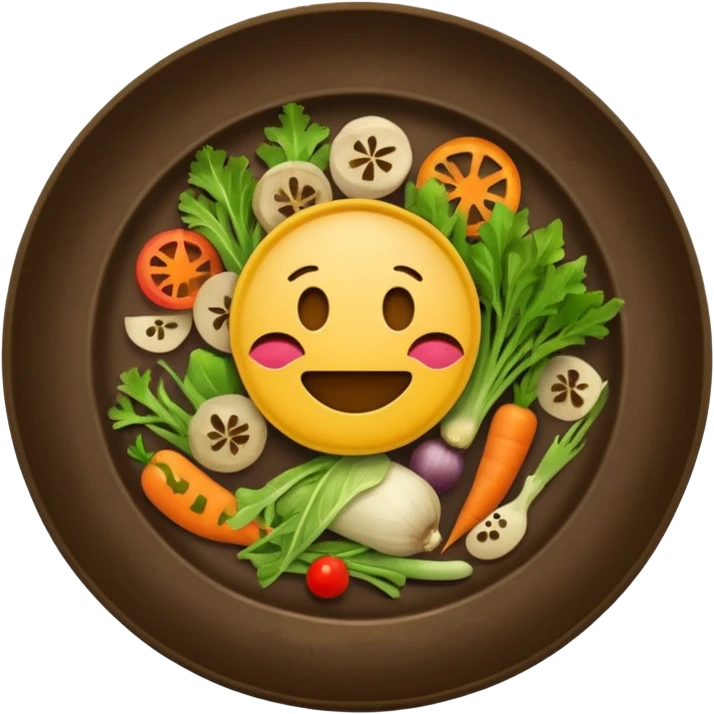 dirty plate after eating, food scraps and vegetable leftovers, no face, emoji style emoji