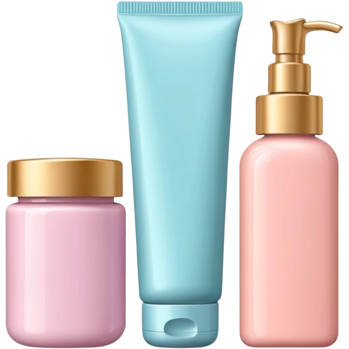 emoji of three different beauty products, with labels, minimalistic but luxury design (realistic), pastel colors emoji