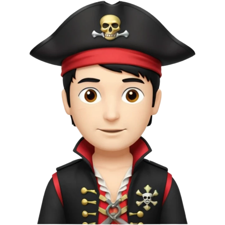 Captain Feathersword of The Wiggles with light skin, brown eyes, black hair, black pirate hat, white pirate shirt with red vest emoji