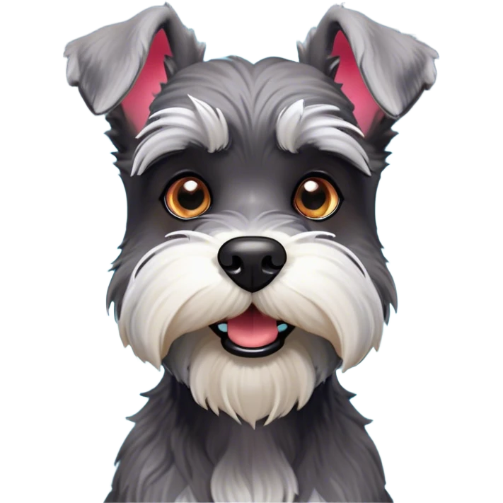 Cinematic Comical Miniature Schnauzer Portrait Emoji, Head tilted dramatically with a comically shocked expression and large, animated eyes, featuring a sharply defined salt-and-pepper fur with exaggerated, humorous eyebrows, simplified yet hilariously detailed, glowing with a bold, playful radiance, high shine, exuding a spirited and cheeky charm, styled with a soft glowing outline, capturing the essence of a Miniature Schnauzer that appears ready to dash into a burst of comic energy! emoji