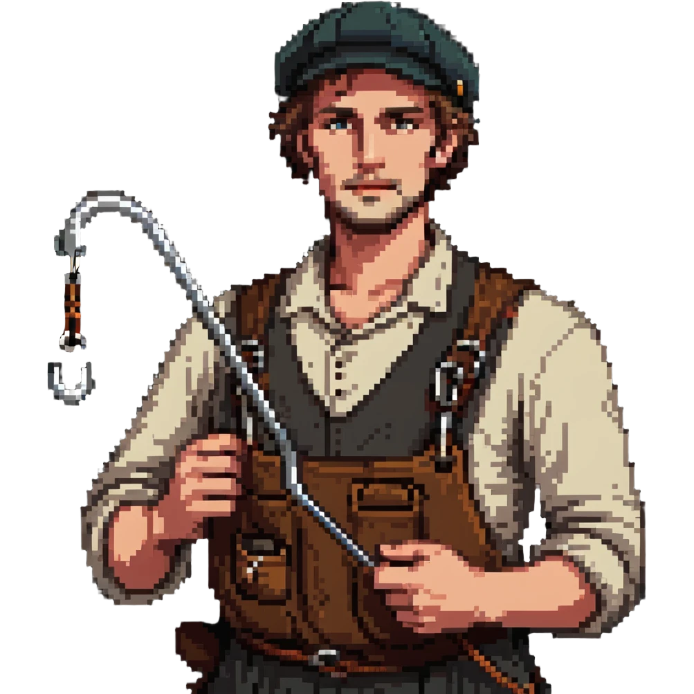 English dockworker from 1800s with weather-worn face, simple clothes and docker's hook emoji