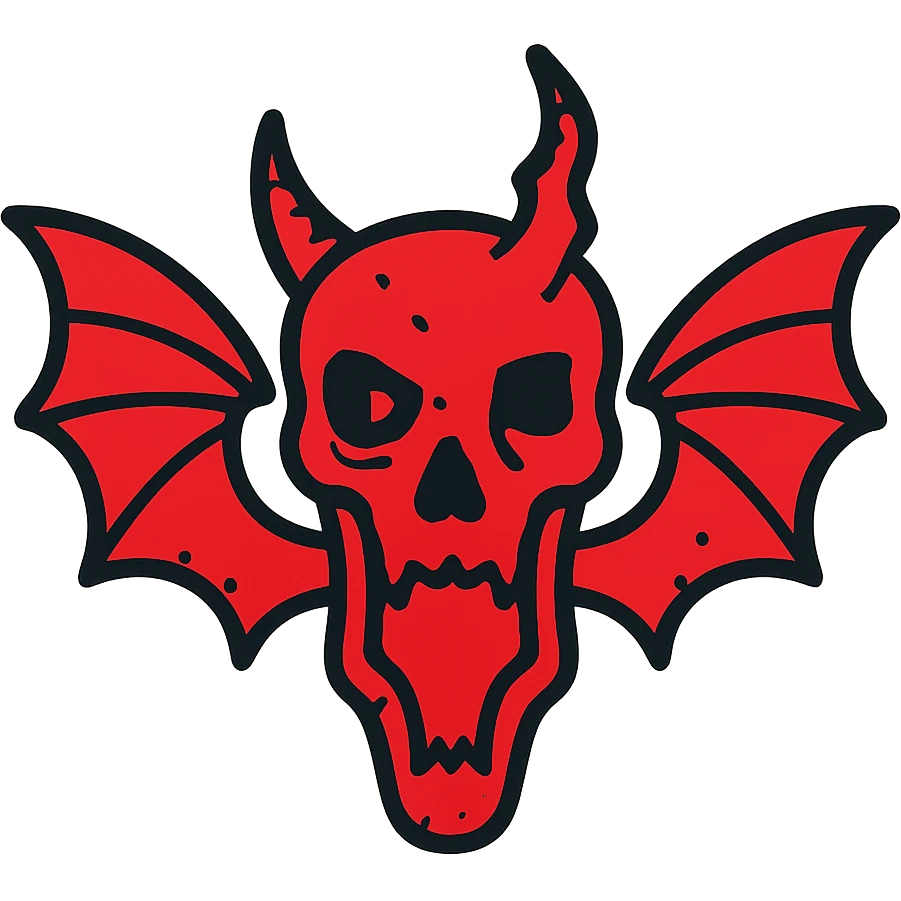 extremely terrifying minimalist red line art of nightmarish minotaur-stoat skull with jagged broken horn and disturbing malevolent eye, twisted moth wings, hollow transparent middle, no frame of any kind, deeply unsettling asymmetrical features, subtle suggestion of gore, menacing minimal design, weathered edges with broken lines, 100% red emoji