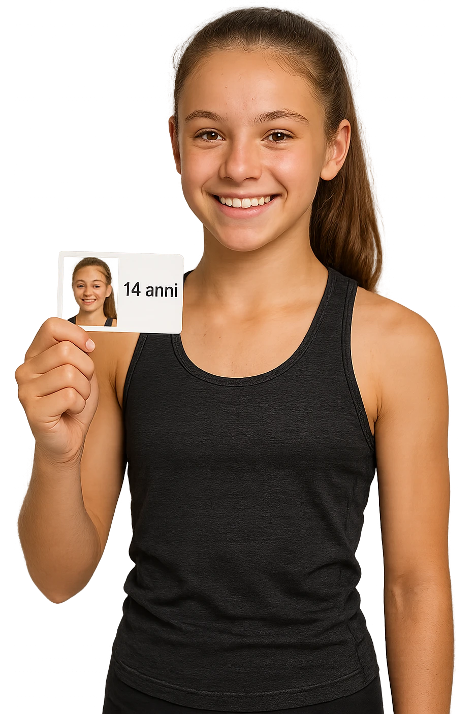donna fitness di 14 anni, con in mano un documento di identità con la sua foto e la scritta 14 anni emoji