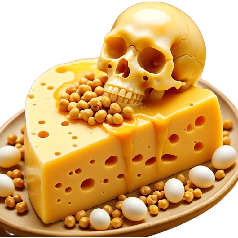 Ethereal pieces of aged cheese, golden egg yolk, and natto floating around a translucent glowing skeleton. Fine rays of golden light flow from the foods to the bones, where small locks open upon contact, guiding calcium like precision keys that prevent accumulation in arteries. emoji